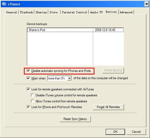 Disable iTunes automatic syncing for iPods